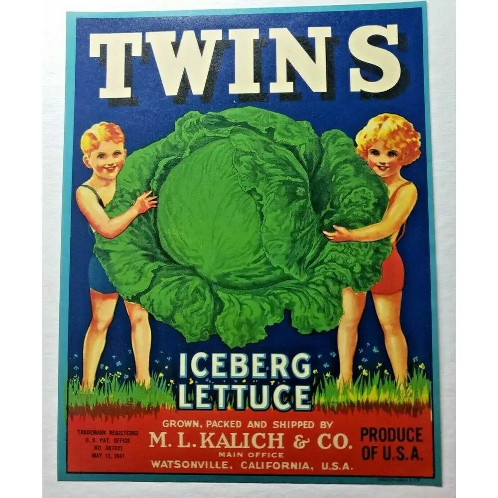 Vintage Twins Original 1940s Watsonville, CA Iceberg‎ Lettuce Crate Label (B-2)